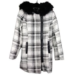 Iz Byer Hooded Quilted Tweed Faux Fur Vegan Leather Trim Outerwear Coat - Large